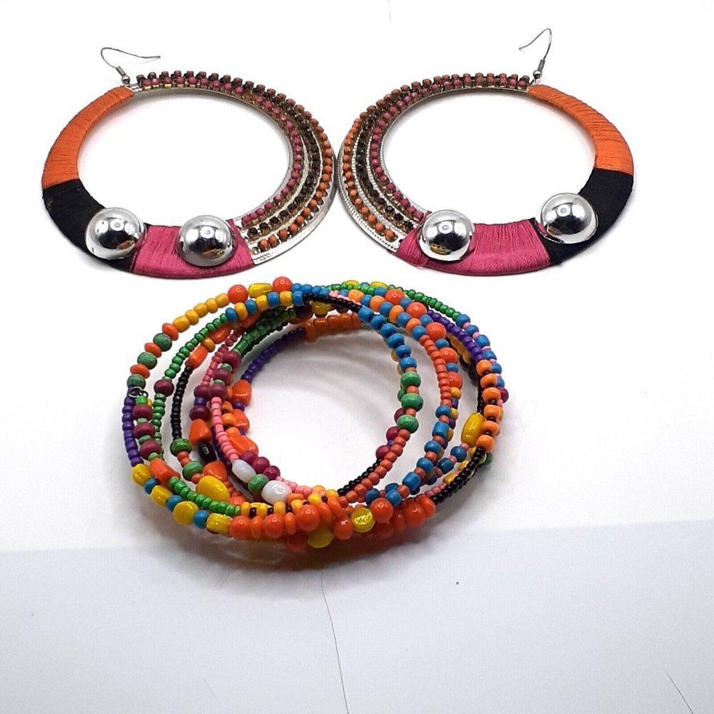 Mod Boho Jewelry Set Colorful Festival Dangle Hoops Earrings Memory Brac… - Picture 4 of 4